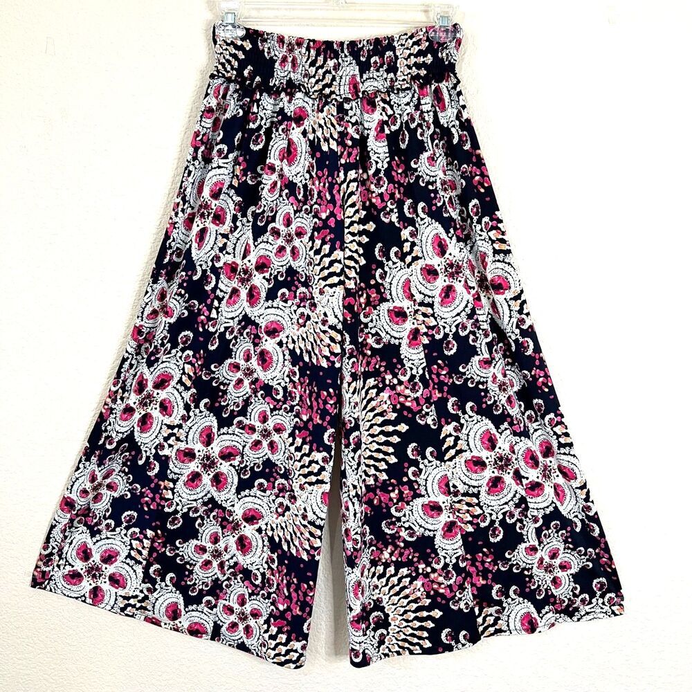 Mountain Mamas Size M Women Pink Floral High Rise Wide Leg Stretch Palazzo Pants